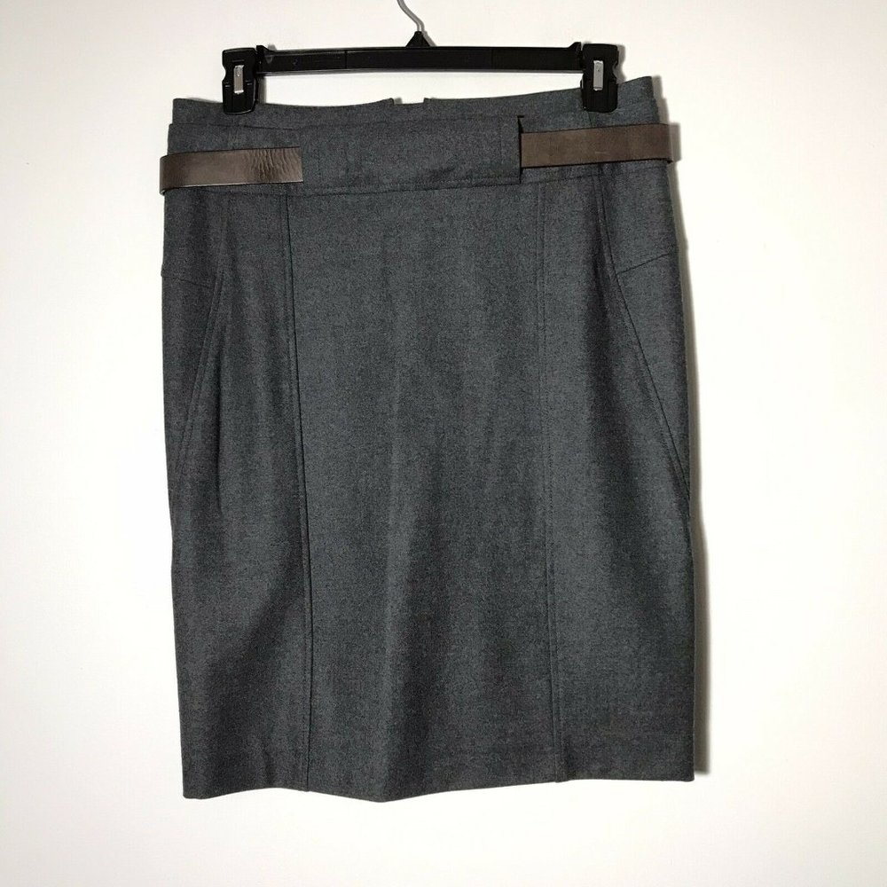 Gunex by Brunello Cucinelli Charcoal Gray Wool Leather Belt Pencil Skirt 8 44